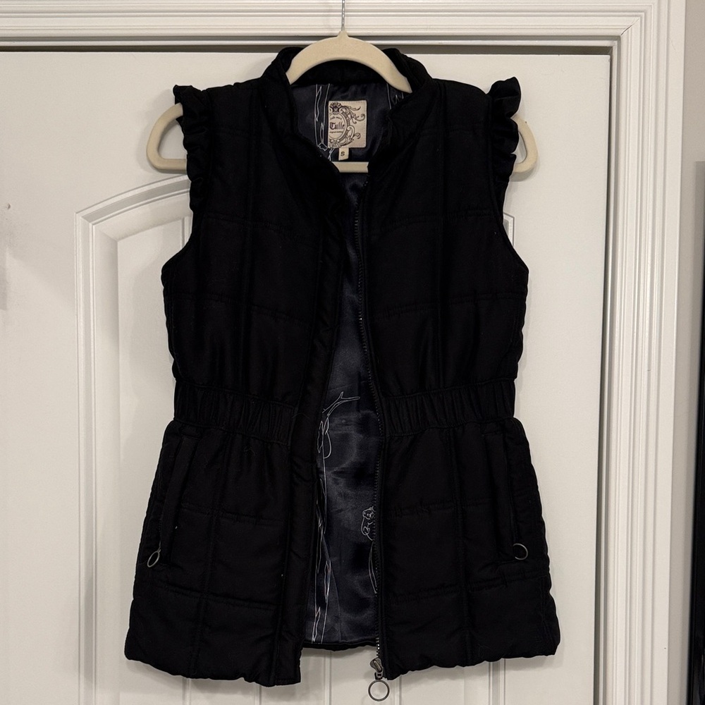 Tulle Black Quilted Vest with Ruffle Sleeves, Size S